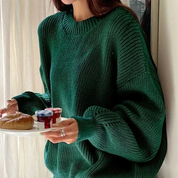 Green Boho Womens Eyelet Detail Ribbed Knit Drop Shoulder Sweater - Picture 4 of 5